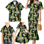 Aussie Santa Budgie Christmas Family Matching Mermaid Dress and Hawaiian Shirt Black Parakeet Tropical Floral