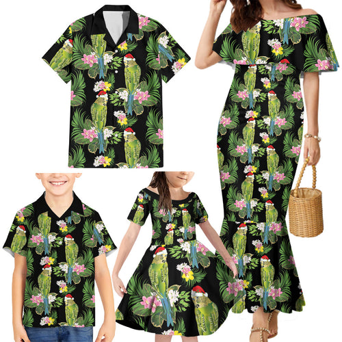 Aussie Santa Budgie Christmas Family Matching Mermaid Dress and Hawaiian Shirt Black Parakeet Tropical Floral