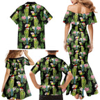 Aussie Santa Budgie Christmas Family Matching Mermaid Dress and Hawaiian Shirt Black Parakeet Tropical Floral