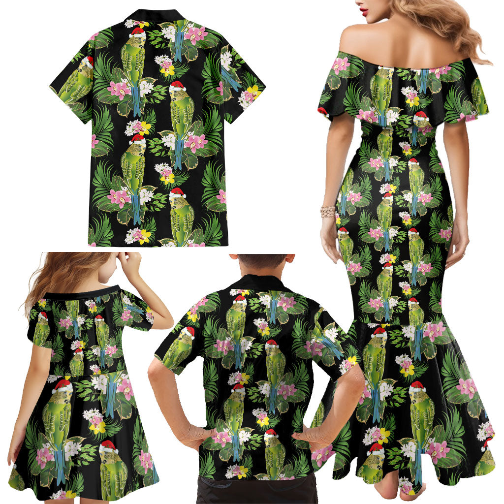 Aussie Santa Budgie Christmas Family Matching Mermaid Dress and Hawaiian Shirt Black Parakeet Tropical Floral