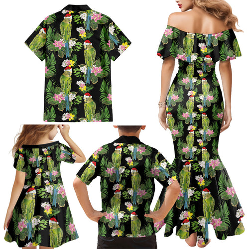Aussie Santa Budgie Christmas Family Matching Mermaid Dress and Hawaiian Shirt Black Parakeet Tropical Floral