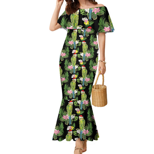 Aussie Santa Budgie Christmas Family Matching Mermaid Dress and Hawaiian Shirt Black Parakeet Tropical Floral