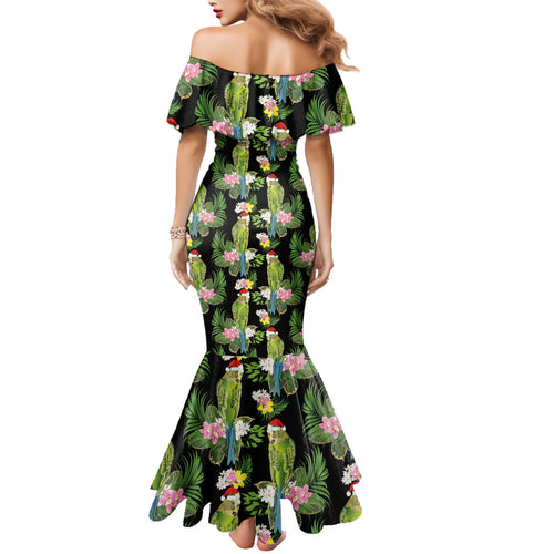 Aussie Santa Budgie Christmas Family Matching Mermaid Dress and Hawaiian Shirt Black Parakeet Tropical Floral