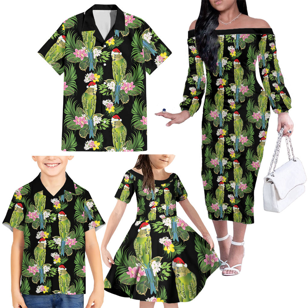 Aussie Santa Budgie Christmas Family Matching Off The Shoulder Long Sleeve Dress and Hawaiian Shirt Black Parakeet Tropical Floral