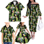 Aussie Santa Budgie Christmas Family Matching Off The Shoulder Long Sleeve Dress and Hawaiian Shirt Black Parakeet Tropical Floral
