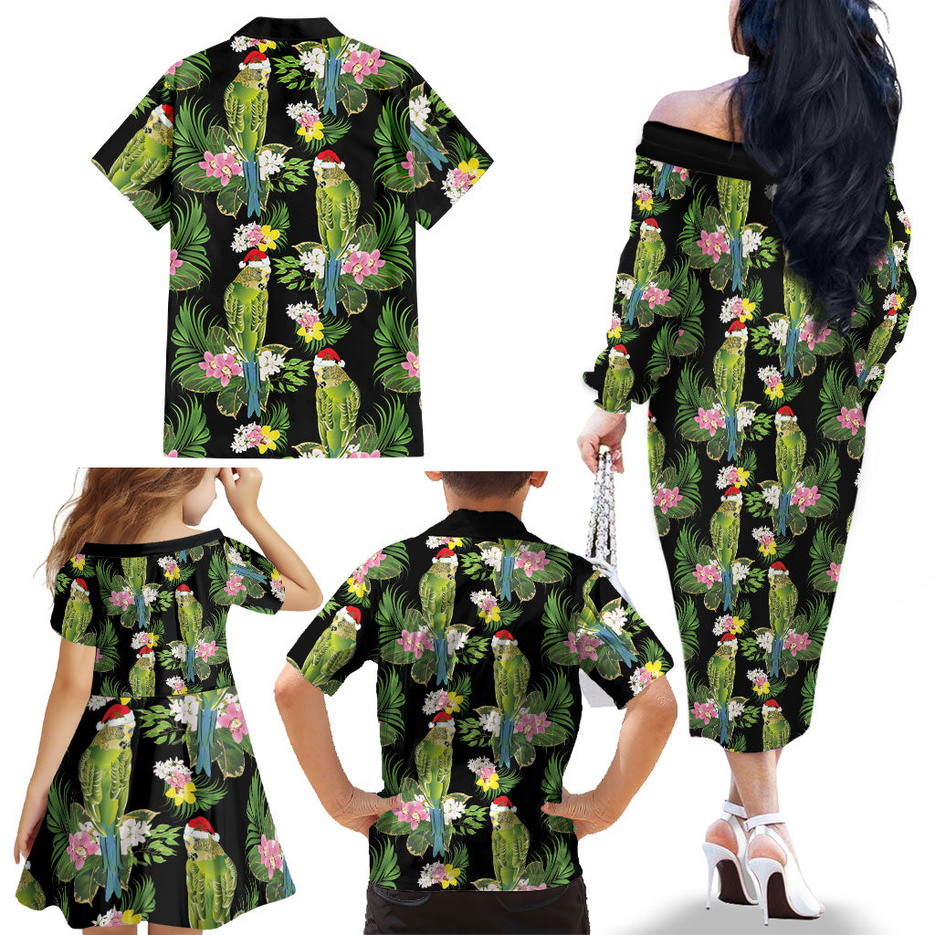 Aussie Santa Budgie Christmas Family Matching Off The Shoulder Long Sleeve Dress and Hawaiian Shirt Black Parakeet Tropical Floral