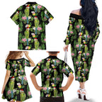 Aussie Santa Budgie Christmas Family Matching Off The Shoulder Long Sleeve Dress and Hawaiian Shirt Black Parakeet Tropical Floral