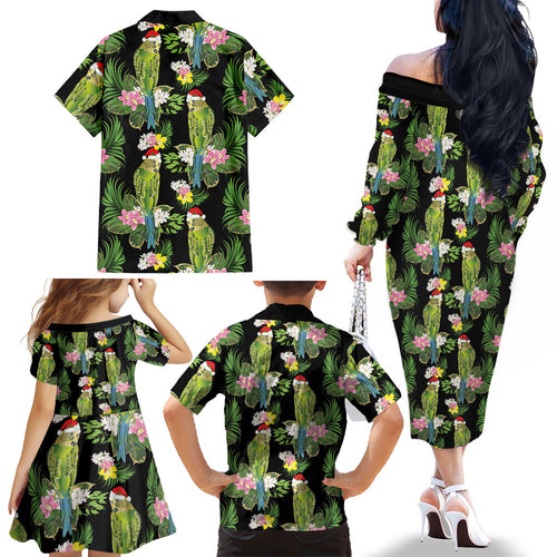 Aussie Santa Budgie Christmas Family Matching Off The Shoulder Long Sleeve Dress and Hawaiian Shirt Black Parakeet Tropical Floral