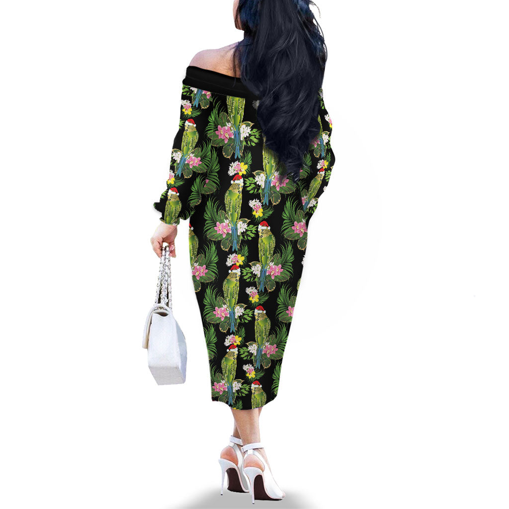 Aussie Santa Budgie Christmas Family Matching Off The Shoulder Long Sleeve Dress and Hawaiian Shirt Black Parakeet Tropical Floral
