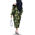 Aussie Santa Budgie Christmas Family Matching Off The Shoulder Long Sleeve Dress and Hawaiian Shirt Black Parakeet Tropical Floral