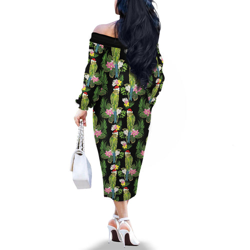 Aussie Santa Budgie Christmas Family Matching Off The Shoulder Long Sleeve Dress and Hawaiian Shirt Black Parakeet Tropical Floral