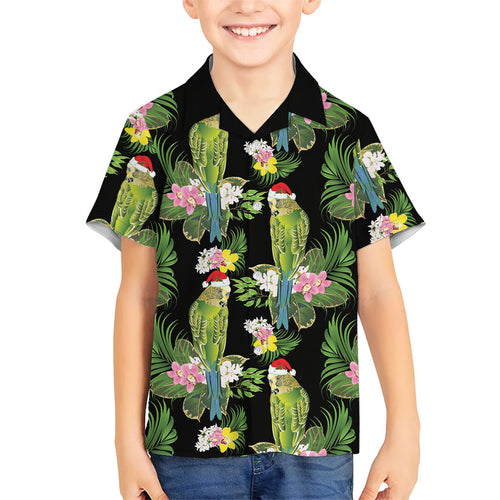 Aussie Santa Budgie Christmas Family Matching Off The Shoulder Long Sleeve Dress and Hawaiian Shirt Black Parakeet Tropical Floral