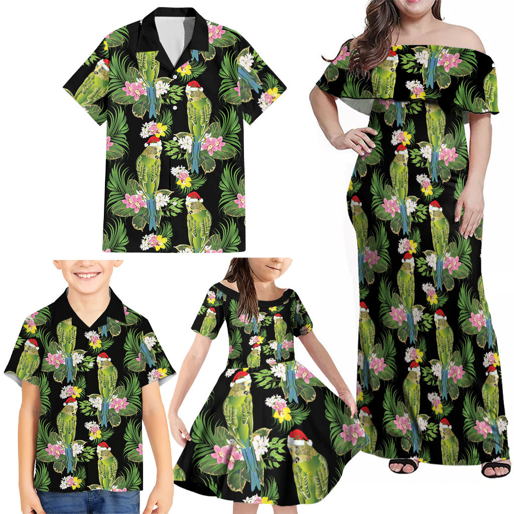 Aussie Santa Budgie Christmas Family Matching Off Shoulder Maxi Dress and Hawaiian Shirt Black Parakeet Tropical Floral