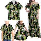 Aussie Santa Budgie Christmas Family Matching Off Shoulder Maxi Dress and Hawaiian Shirt Black Parakeet Tropical Floral