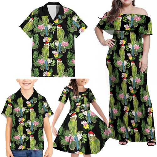 Aussie Santa Budgie Christmas Family Matching Off Shoulder Maxi Dress and Hawaiian Shirt Black Parakeet Tropical Floral