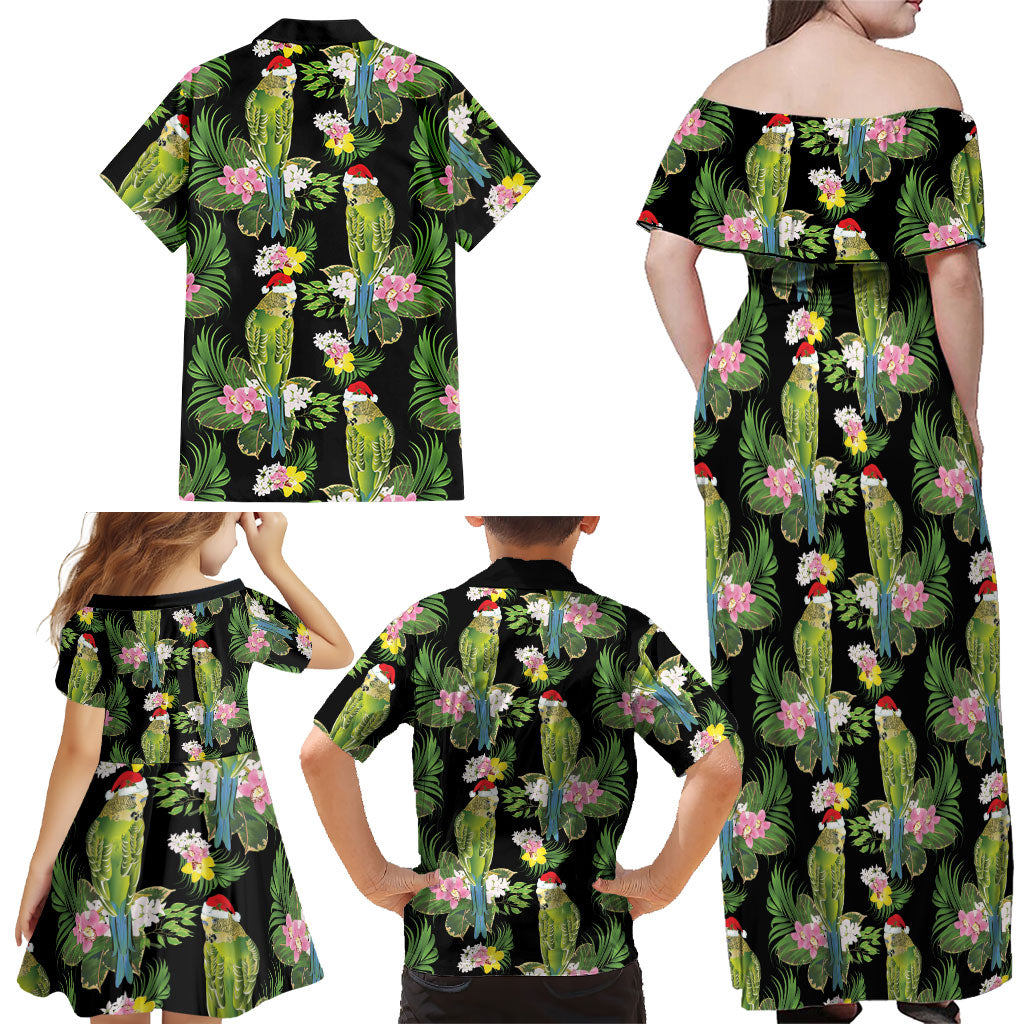 Aussie Santa Budgie Christmas Family Matching Off Shoulder Maxi Dress and Hawaiian Shirt Black Parakeet Tropical Floral