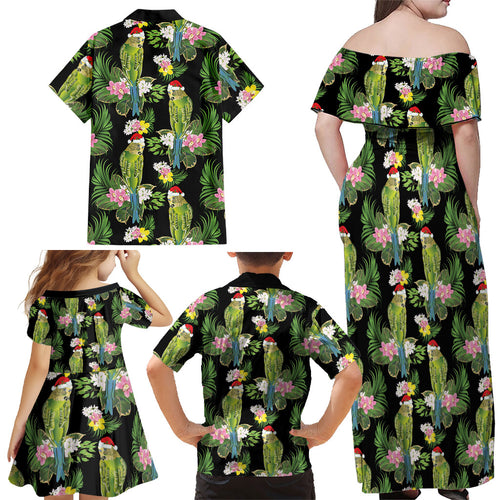 Aussie Santa Budgie Christmas Family Matching Off Shoulder Maxi Dress and Hawaiian Shirt Black Parakeet Tropical Floral