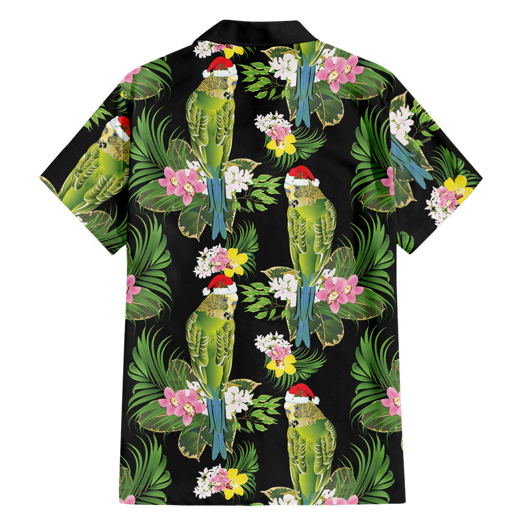Aussie Santa Budgie Christmas Family Matching Off Shoulder Maxi Dress and Hawaiian Shirt Black Parakeet Tropical Floral