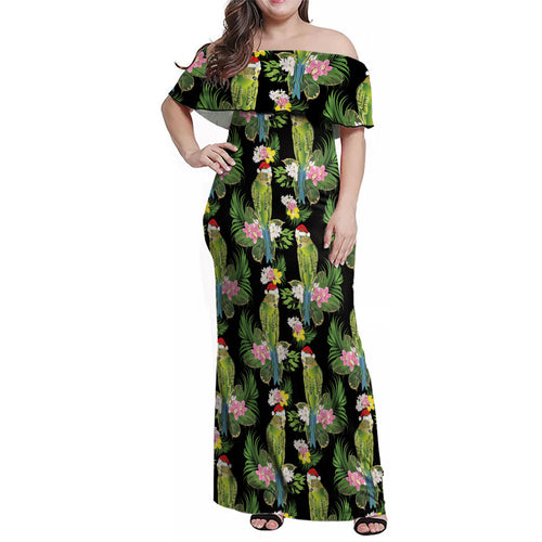 Aussie Santa Budgie Christmas Family Matching Off Shoulder Maxi Dress and Hawaiian Shirt Black Parakeet Tropical Floral