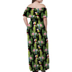 Aussie Santa Budgie Christmas Family Matching Off Shoulder Maxi Dress and Hawaiian Shirt Black Parakeet Tropical Floral