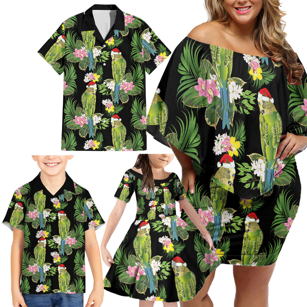 Aussie Santa Budgie Christmas Family Matching Off Shoulder Short Dress and Hawaiian Shirt Black Parakeet Tropical Floral