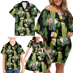 Aussie Santa Budgie Christmas Family Matching Off Shoulder Short Dress and Hawaiian Shirt Black Parakeet Tropical Floral