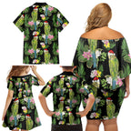 Aussie Santa Budgie Christmas Family Matching Off Shoulder Short Dress and Hawaiian Shirt Black Parakeet Tropical Floral