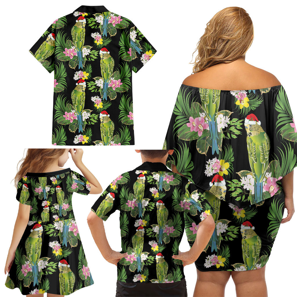 Aussie Santa Budgie Christmas Family Matching Off Shoulder Short Dress and Hawaiian Shirt Black Parakeet Tropical Floral