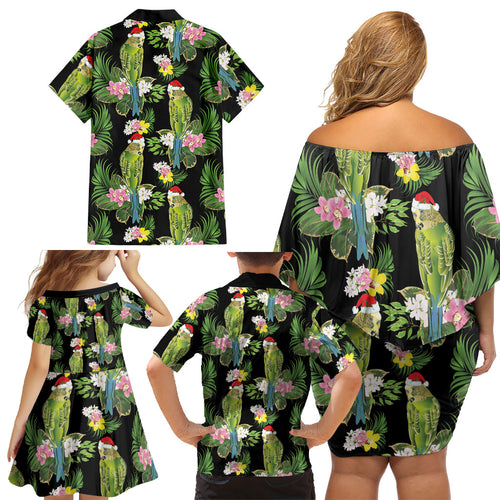 Aussie Santa Budgie Christmas Family Matching Off Shoulder Short Dress and Hawaiian Shirt Black Parakeet Tropical Floral