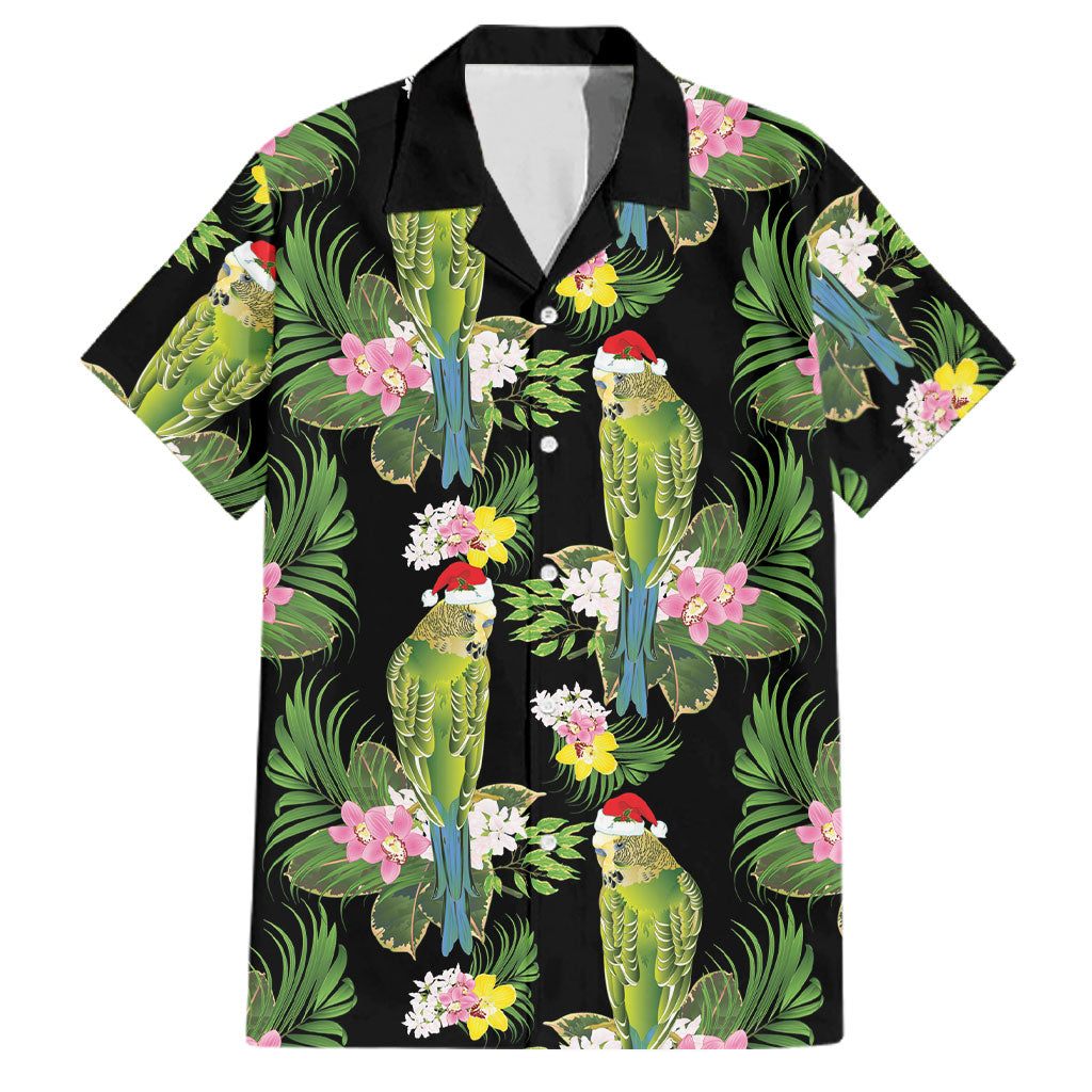 Aussie Santa Budgie Christmas Family Matching Off Shoulder Short Dress and Hawaiian Shirt Black Parakeet Tropical Floral