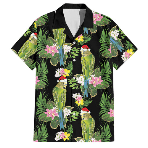 Aussie Santa Budgie Christmas Family Matching Off Shoulder Short Dress and Hawaiian Shirt Black Parakeet Tropical Floral