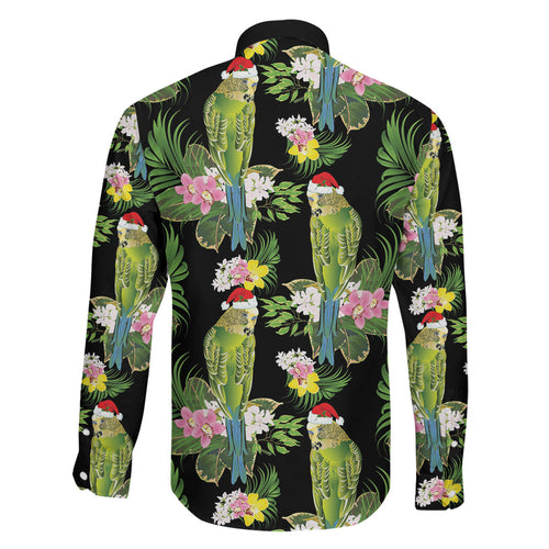 Aussie Santa Budgie Christmas Family Matching Off Shoulder Short Dress and Hawaiian Shirt Black Parakeet Tropical Floral