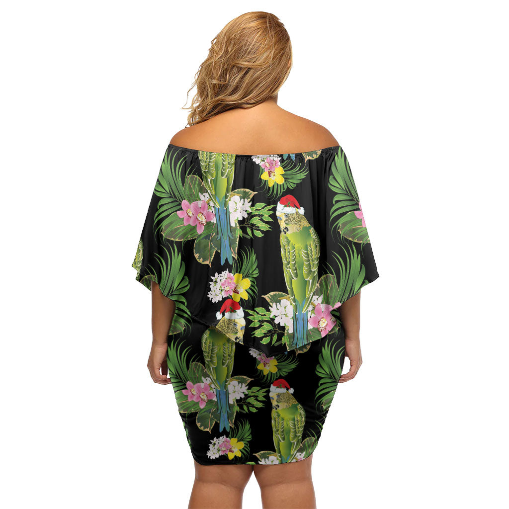Aussie Santa Budgie Christmas Family Matching Off Shoulder Short Dress and Hawaiian Shirt Black Parakeet Tropical Floral
