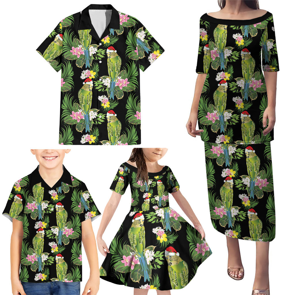 Aussie Santa Budgie Christmas Family Matching Puletasi and Hawaiian Shirt Black Parakeet Tropical Floral