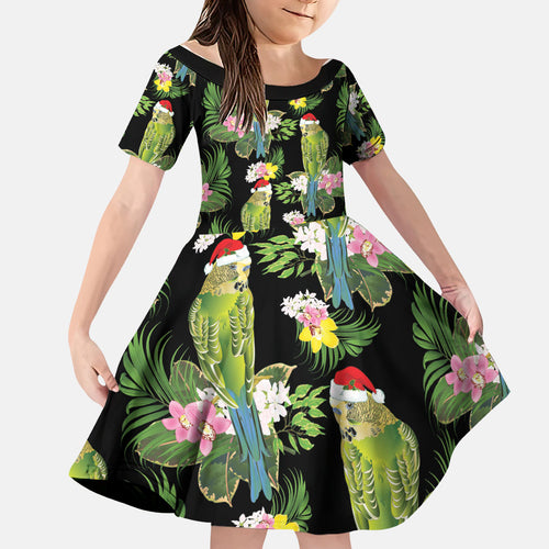Aussie Santa Budgie Christmas Family Matching Puletasi and Hawaiian Shirt Black Parakeet Tropical Floral