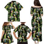 Aussie Santa Budgie Christmas Family Matching Puletasi and Hawaiian Shirt Black Parakeet Tropical Floral
