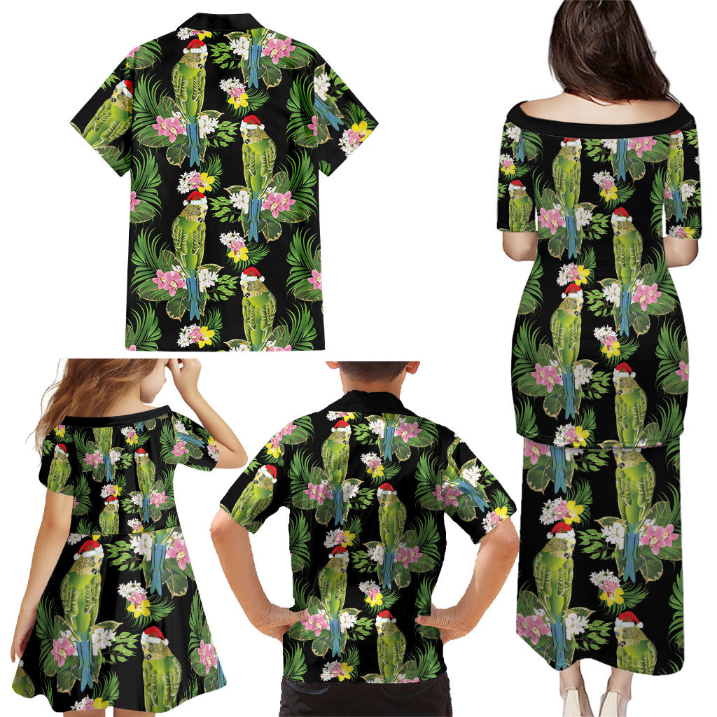 Aussie Santa Budgie Christmas Family Matching Puletasi and Hawaiian Shirt Black Parakeet Tropical Floral