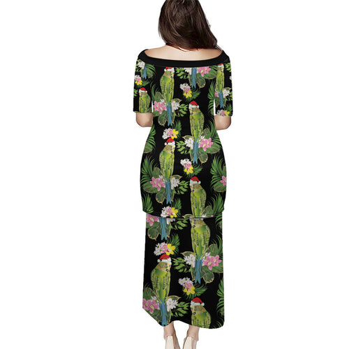 Aussie Santa Budgie Christmas Family Matching Puletasi and Hawaiian Shirt Black Parakeet Tropical Floral