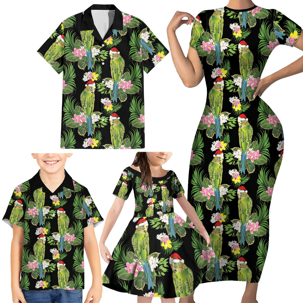 Aussie Santa Budgie Christmas Family Matching Short Sleeve Bodycon Dress and Hawaiian Shirt Black Parakeet Tropical Floral