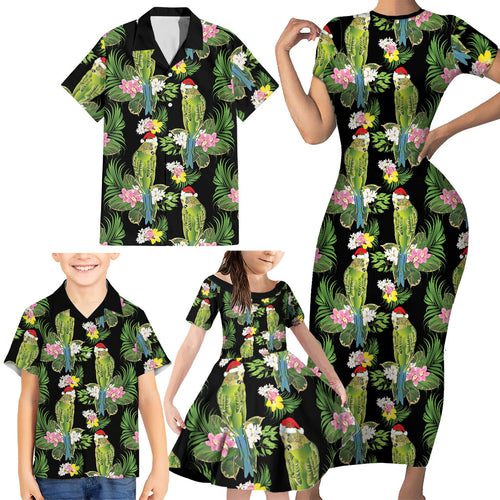 Aussie Santa Budgie Christmas Family Matching Short Sleeve Bodycon Dress and Hawaiian Shirt Black Parakeet Tropical Floral