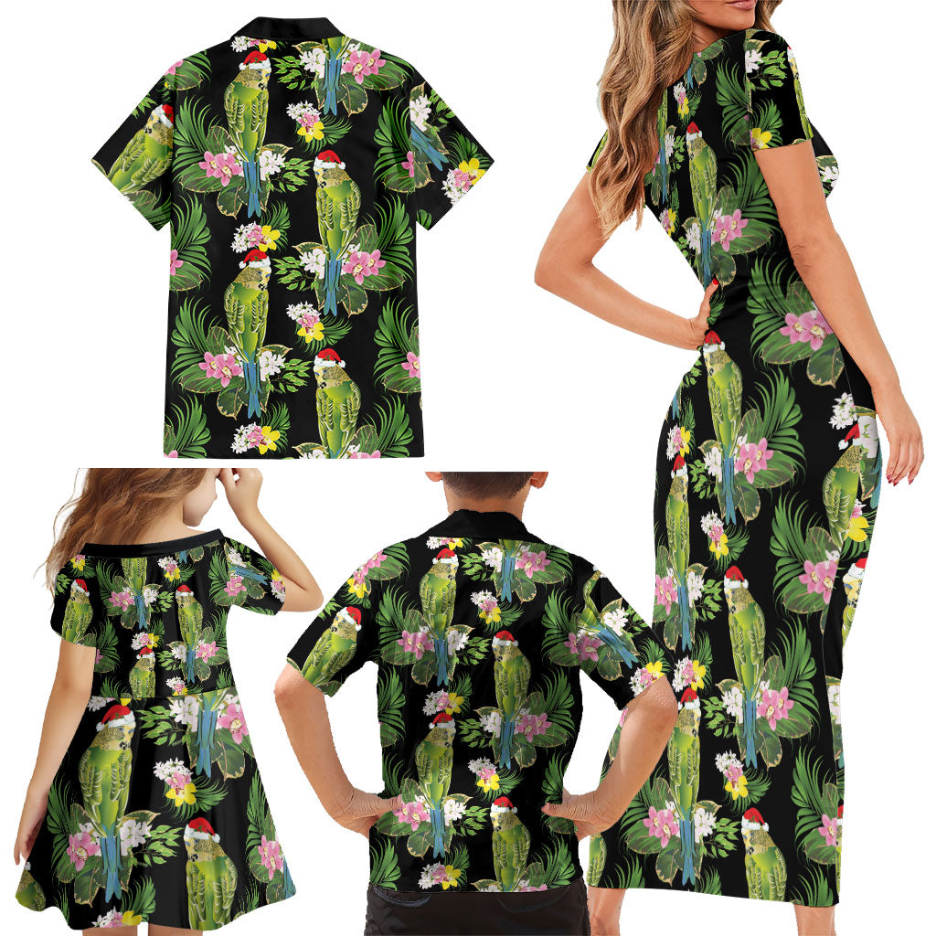 Aussie Santa Budgie Christmas Family Matching Short Sleeve Bodycon Dress and Hawaiian Shirt Black Parakeet Tropical Floral