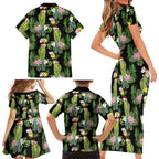 Aussie Santa Budgie Christmas Family Matching Short Sleeve Bodycon Dress and Hawaiian Shirt Black Parakeet Tropical Floral