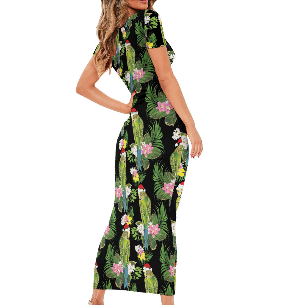 Aussie Santa Budgie Christmas Family Matching Short Sleeve Bodycon Dress and Hawaiian Shirt Black Parakeet Tropical Floral