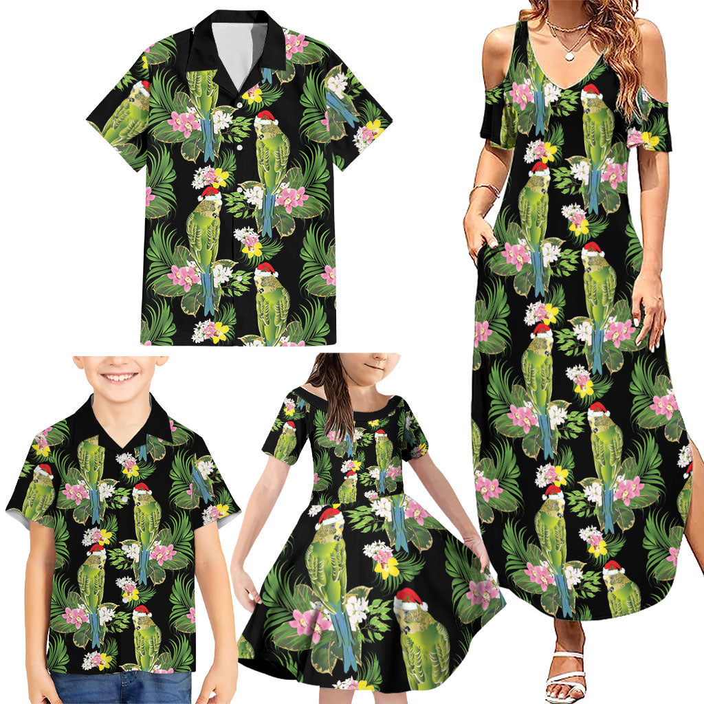 Aussie Santa Budgie Christmas Family Matching Summer Maxi Dress and Hawaiian Shirt Black Parakeet Tropical Floral