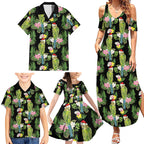Aussie Santa Budgie Christmas Family Matching Summer Maxi Dress and Hawaiian Shirt Black Parakeet Tropical Floral