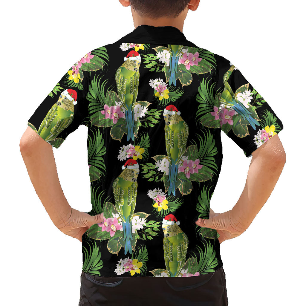 Aussie Santa Budgie Christmas Family Matching Summer Maxi Dress and Hawaiian Shirt Black Parakeet Tropical Floral
