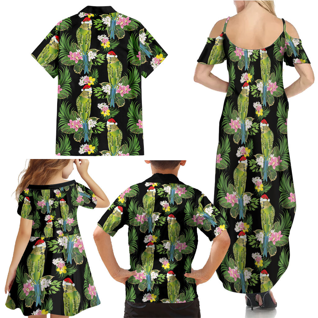 Aussie Santa Budgie Christmas Family Matching Summer Maxi Dress and Hawaiian Shirt Black Parakeet Tropical Floral