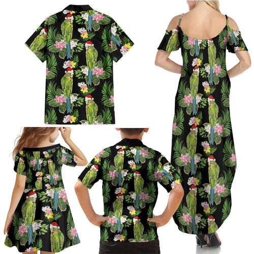 Aussie Santa Budgie Christmas Family Matching Summer Maxi Dress and Hawaiian Shirt Black Parakeet Tropical Floral
