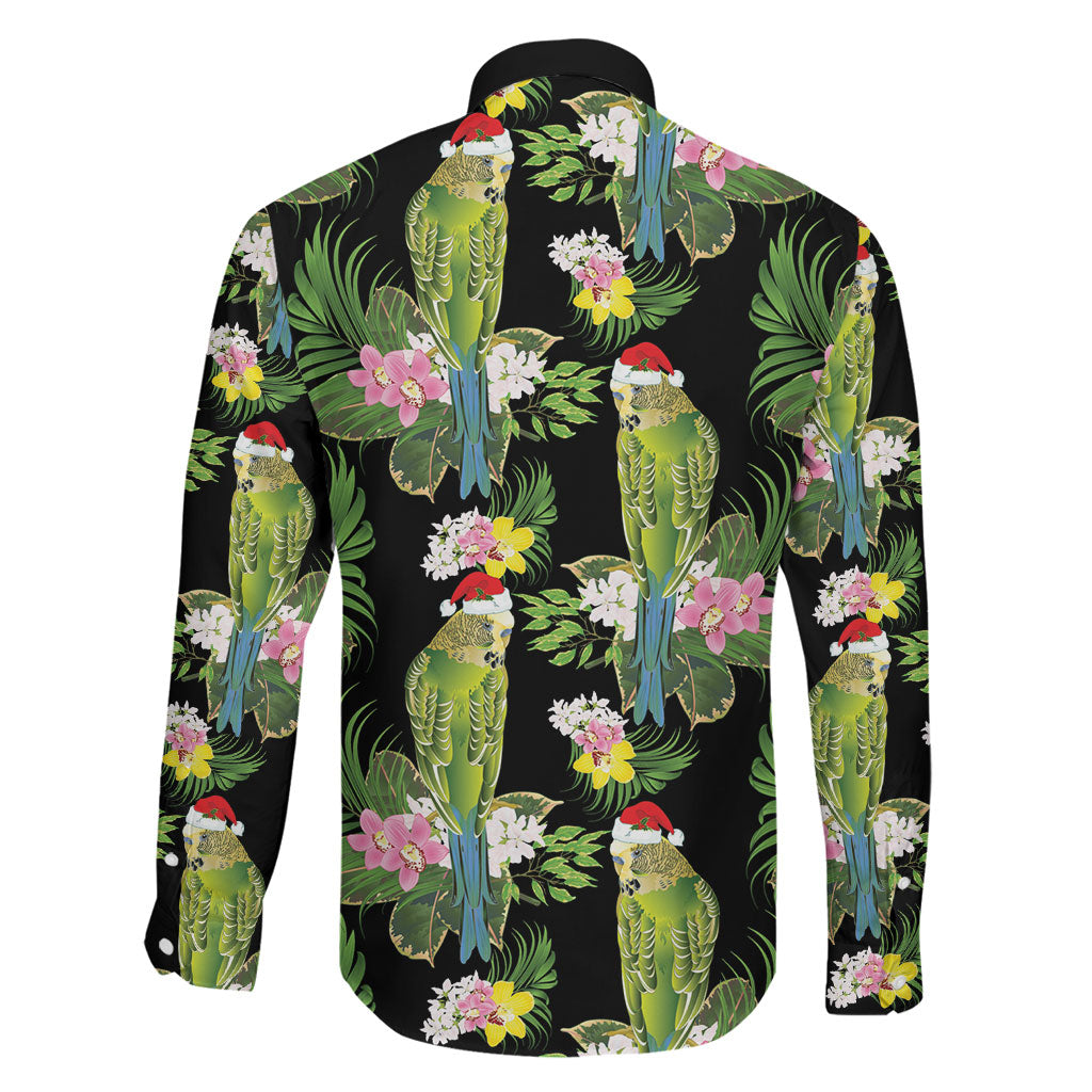 Aussie Santa Budgie Christmas Family Matching Summer Maxi Dress and Hawaiian Shirt Black Parakeet Tropical Floral