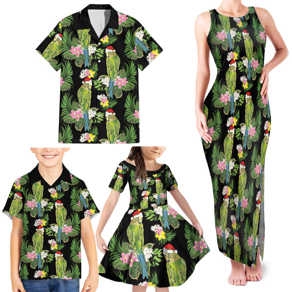 Aussie Santa Budgie Christmas Family Matching Tank Maxi Dress and Hawaiian Shirt Black Parakeet Tropical Floral